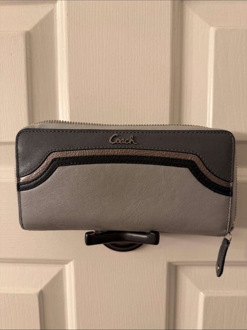 Coach Two-Tone Gray and Black Zip Wallet with Metallic Logo